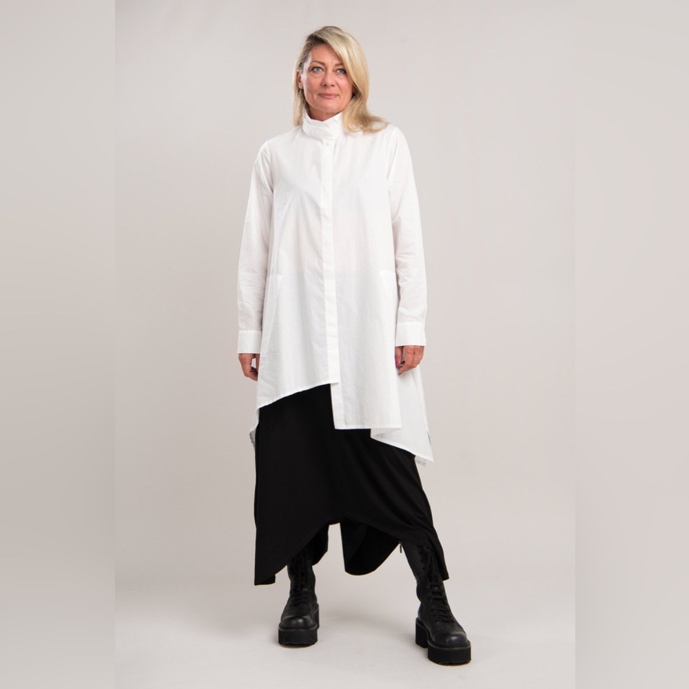 Luukaa White Cotton Poplin Asymmetrical Button Down Shirt Tunic Lagenlook Layer